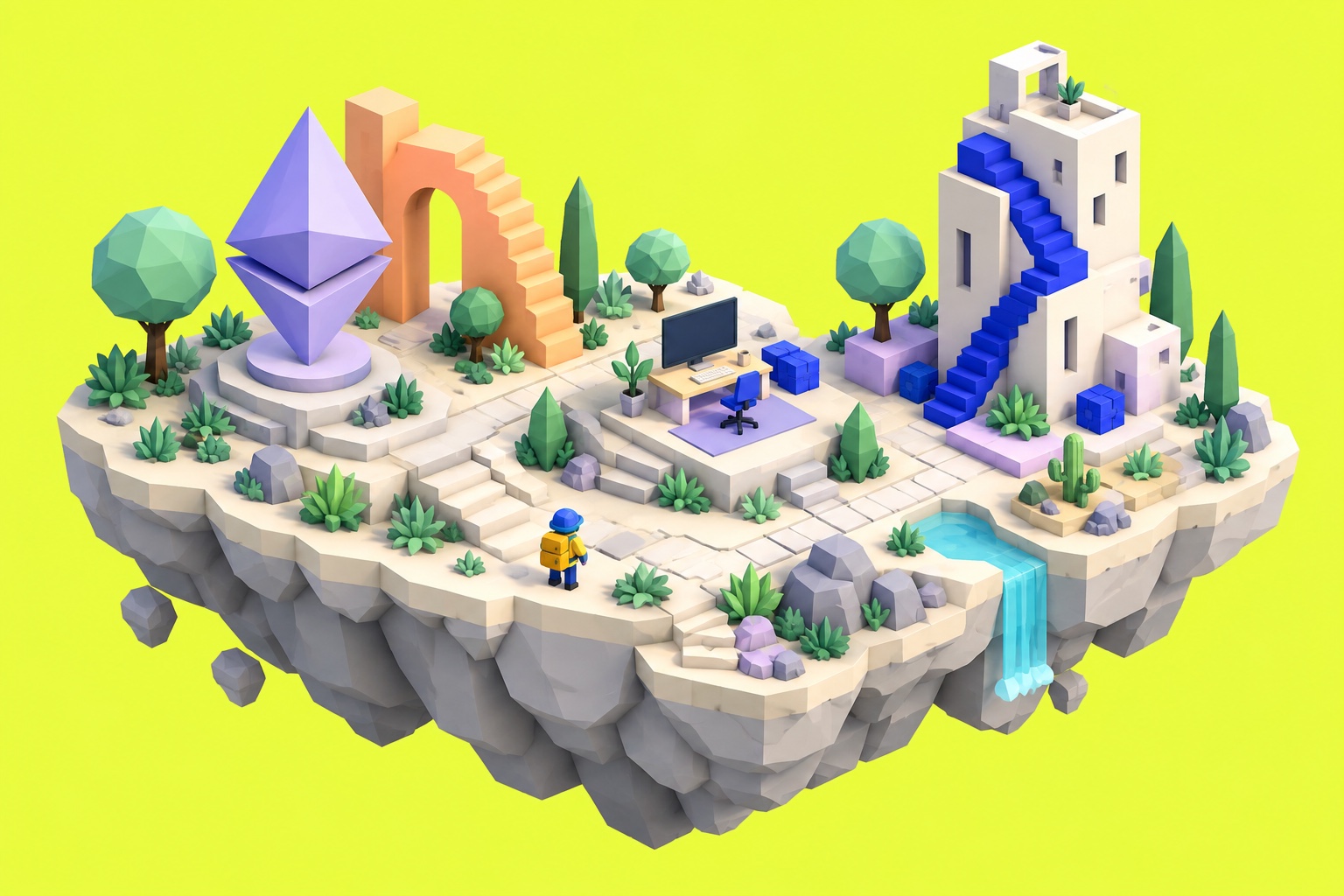 An illustrated island with a lilac crystal, a developer’s desk, a tower and a small harbour. Four numbered landmarks open real projects.