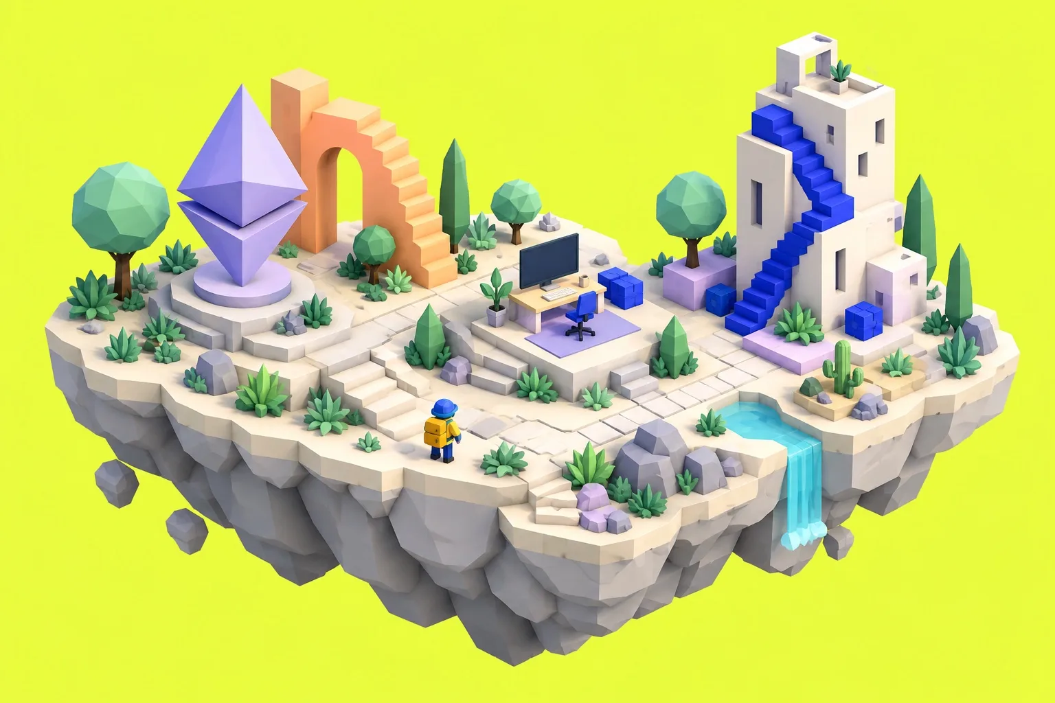 An illustrated island with a lilac crystal, a developer’s desk, a tower and a small harbour. Four numbered landmarks open real projects.